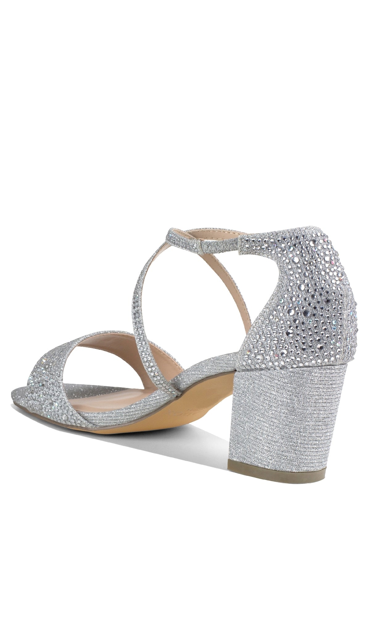 The Ines Silver Prom Shoes by Paradox London (P2211) are block-heeled sandals with open toe, ankle strap, and rhinestone details on the heel and straps—ideal for adding glamorous elegance to your prom look.